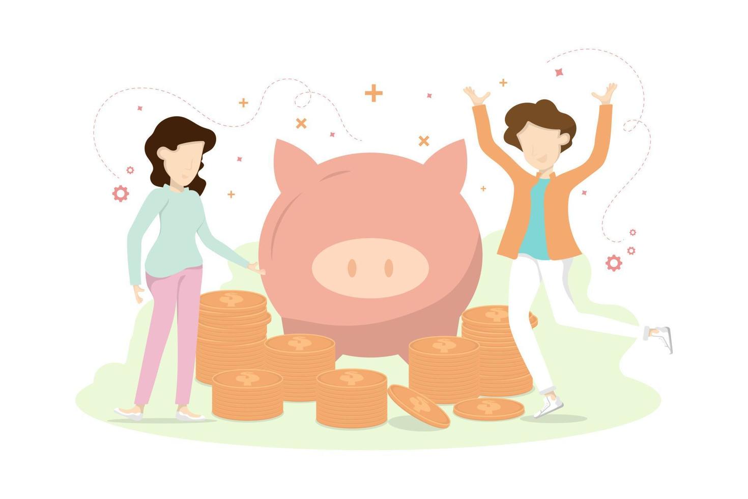 Vector creative young people design, Cartoon character young people planning savings for the future with piggy bank.