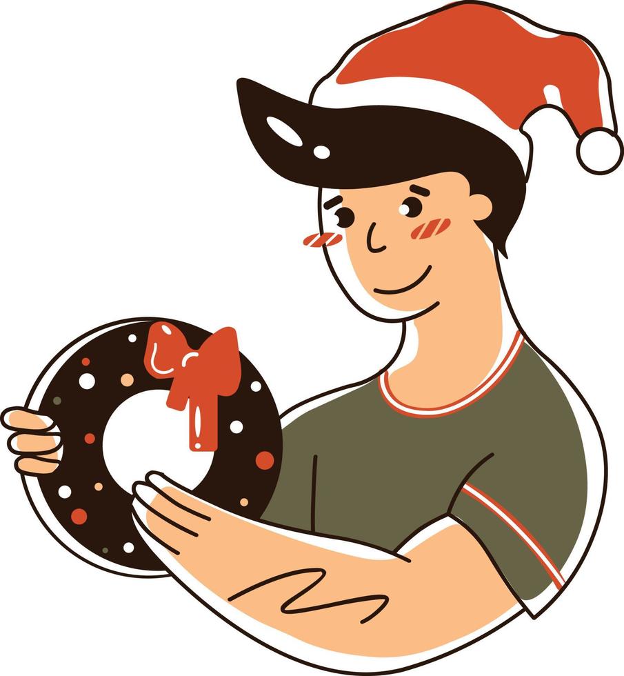 8-guy decorates with a New Year's wreath vector