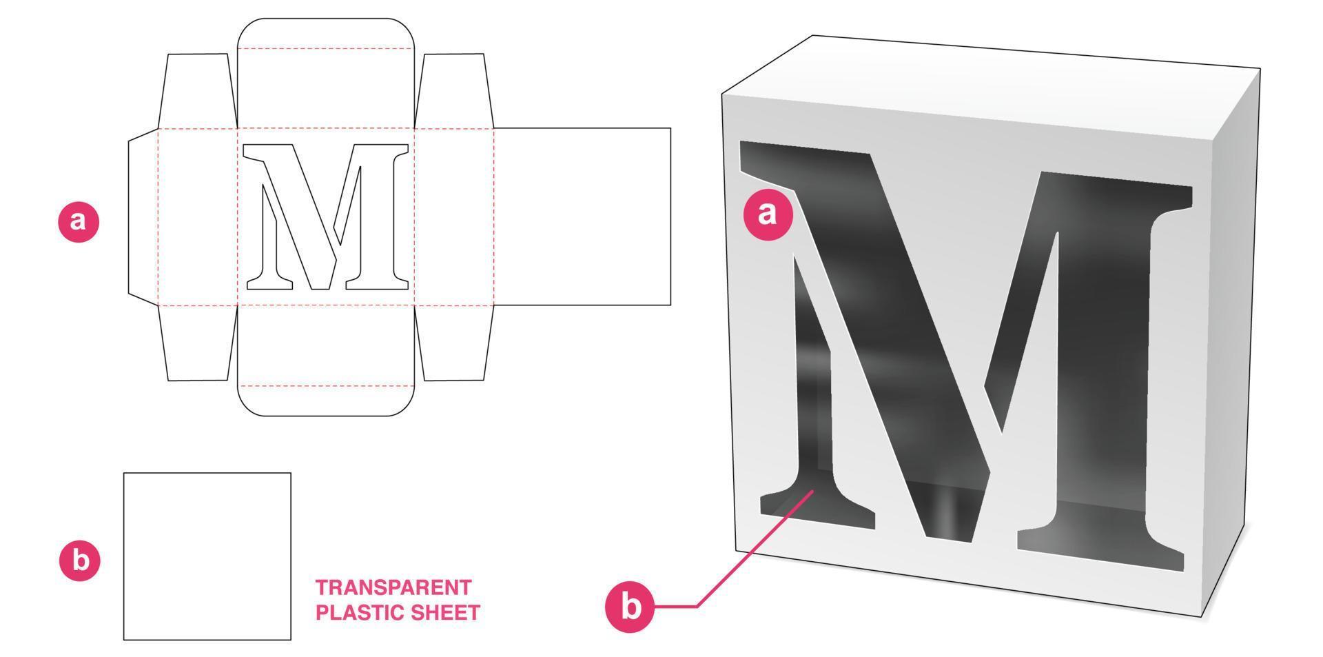 Box with stenciled M alphabet window die cut template vector