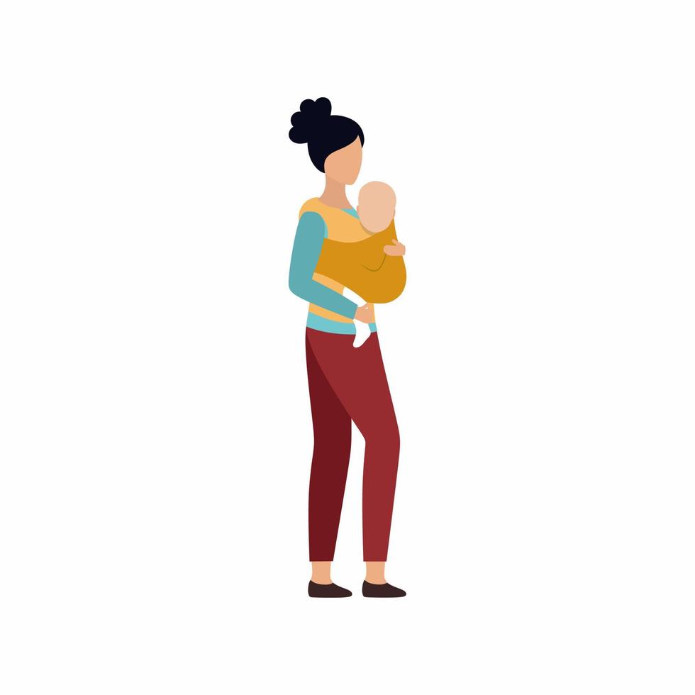 A woman carries a baby in a sling. The mother and child. Vector illustration in flat style.