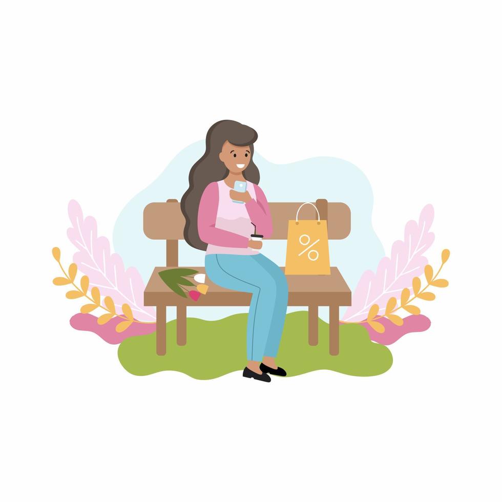 A woman sits on a bench and makes an order in a store via her phone. Vector spring illustration in a pink color.