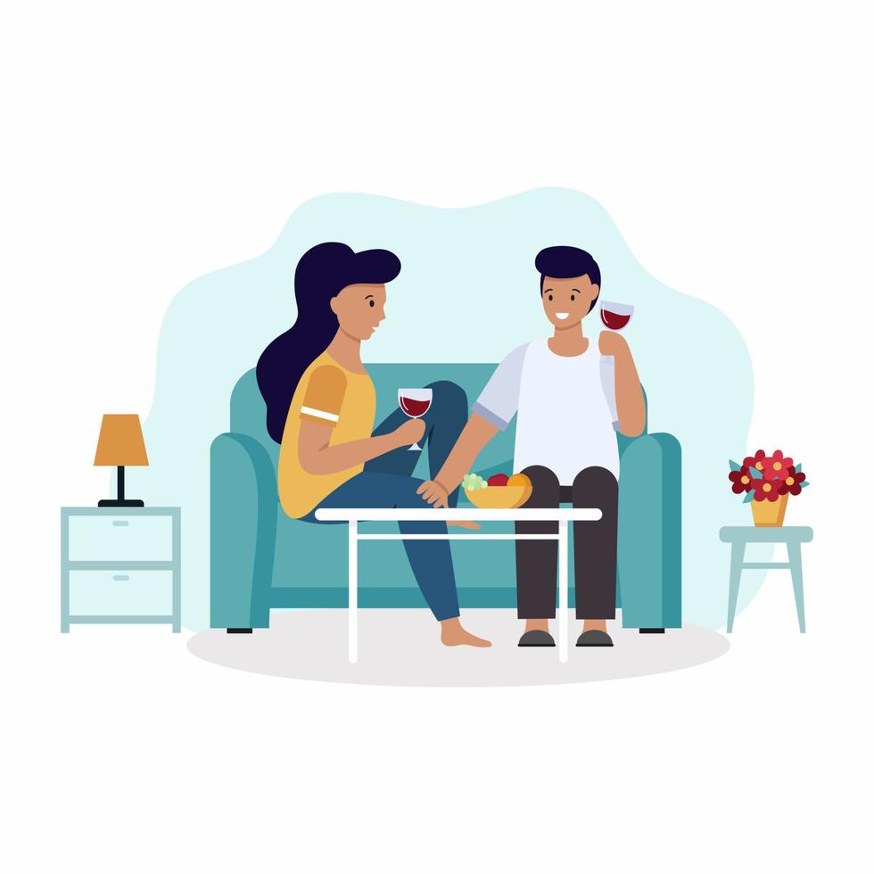 Romantic dinner at home. A couple in love is sitting on the sofa and drinking wine. Vector illustration for Valentine's Day. The family spends a cozy evening together.