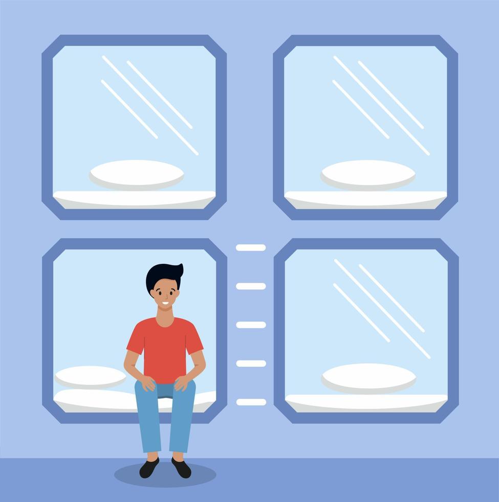 A man is resting in a capsule hotel. Vector illustration in a flat style.