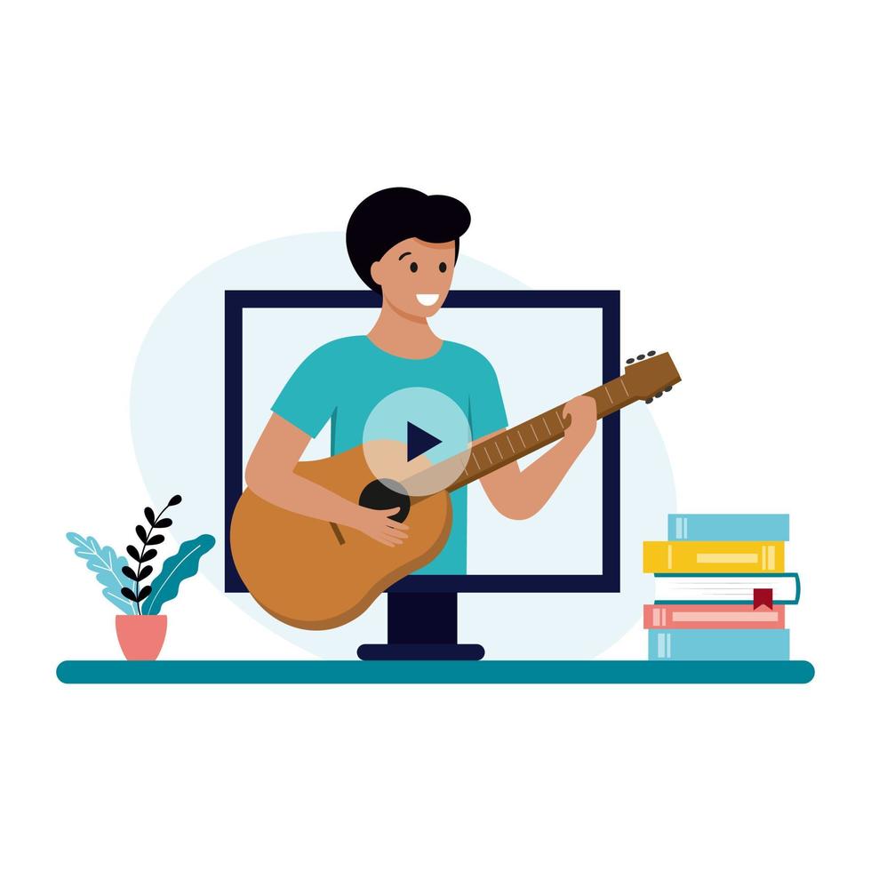 aprendizaje en línea para tocar instrumentos musicales. un hombre toca la guitarra. ilustración vectorial en el estilo de dibujos animados. vector