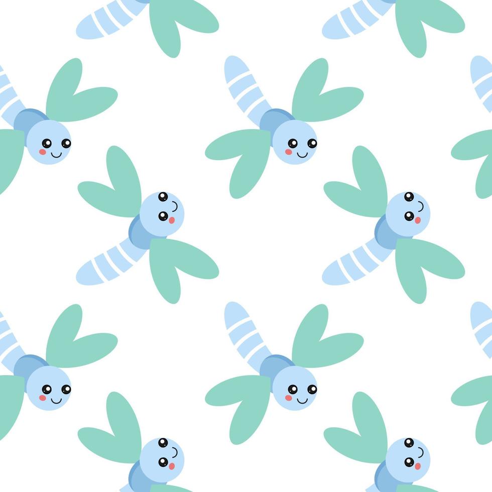 Seamless background for sewing children's clothing with a dragonfly. Cute dragonfly on a white background. vector