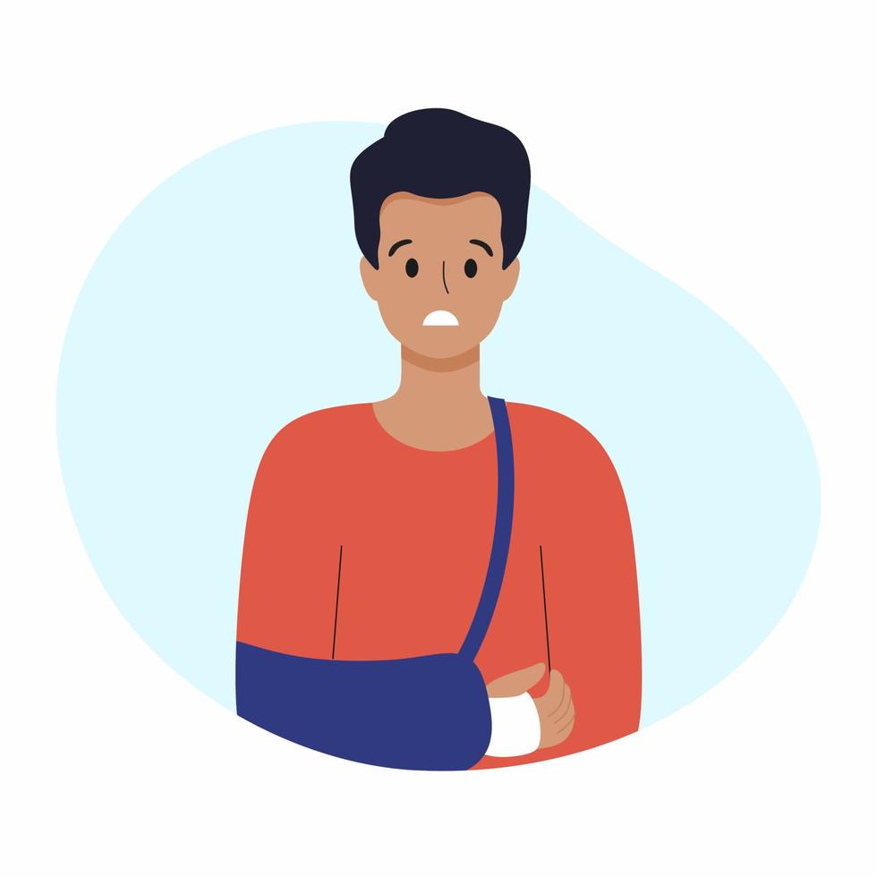 A man with a broken arm. A bandage on the arm. The man put a cast on his arm. Vector illustration on the topic of health and medicine.