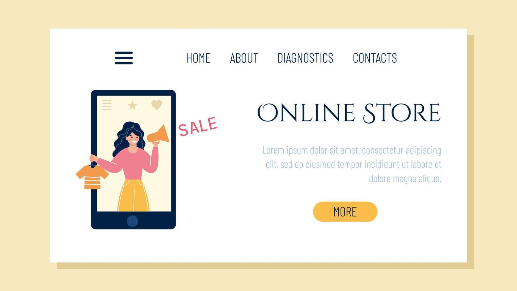 Design of the landing page for an online store. The girl in the smartphone informs about discounts. vector