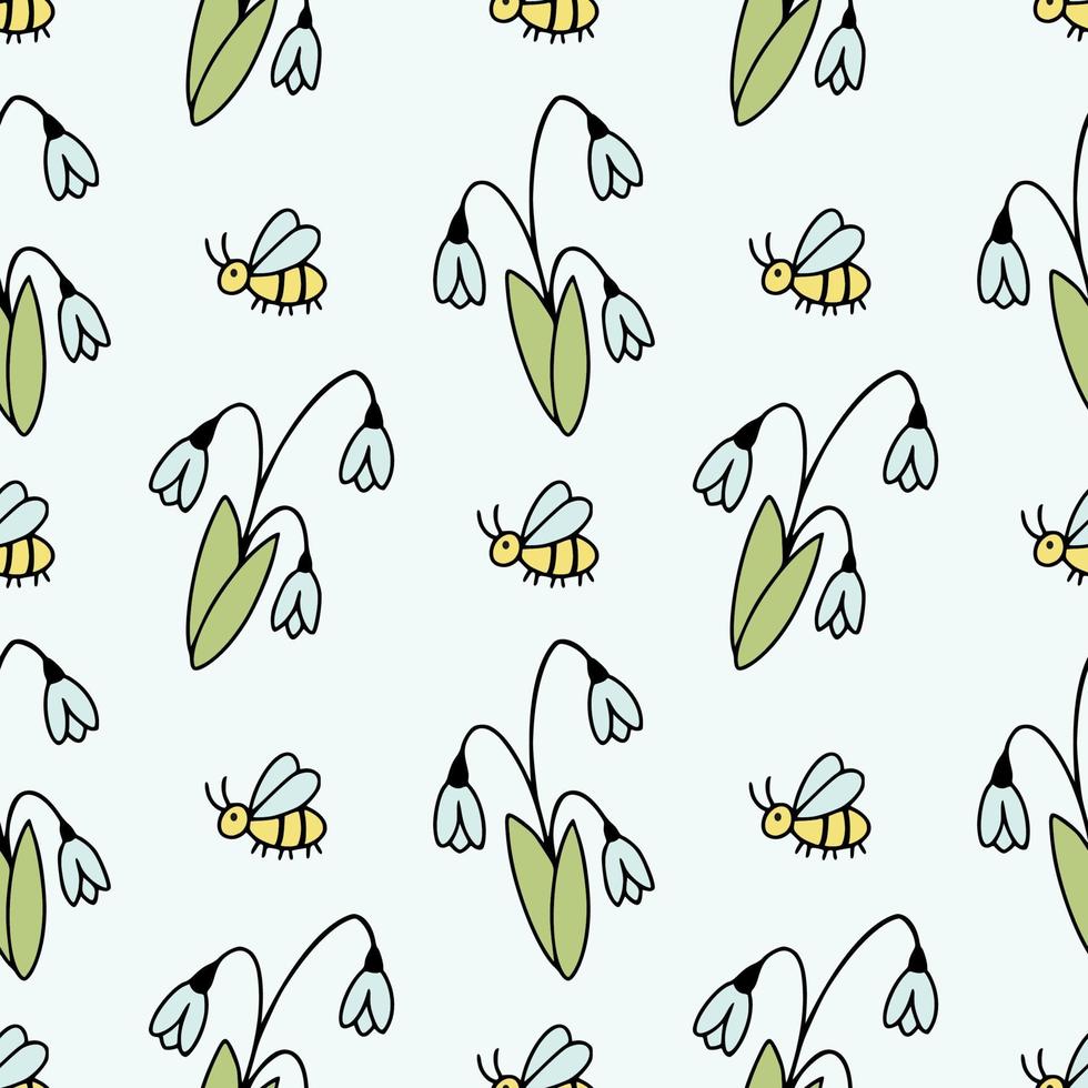 Seamless blue pattern with snowdrops. Spring background for sewing children's clothing, printing on fabric and packaging paper. vector