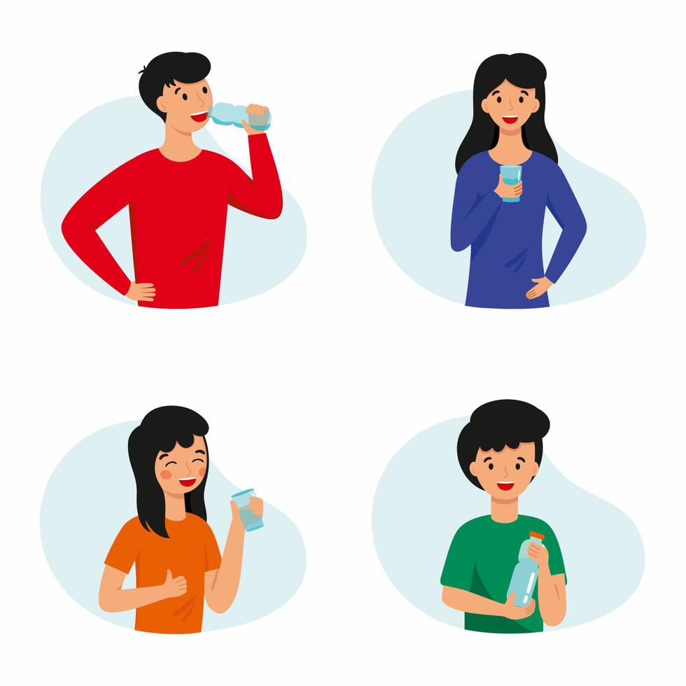 un conjunto de ilustraciones con personas que beben agua. la familia practica hábitos saludables. vector