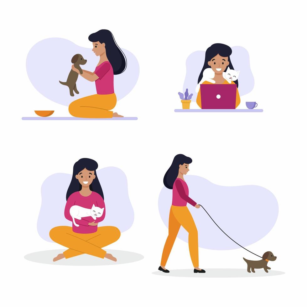 The girl spends time with her pet. vector