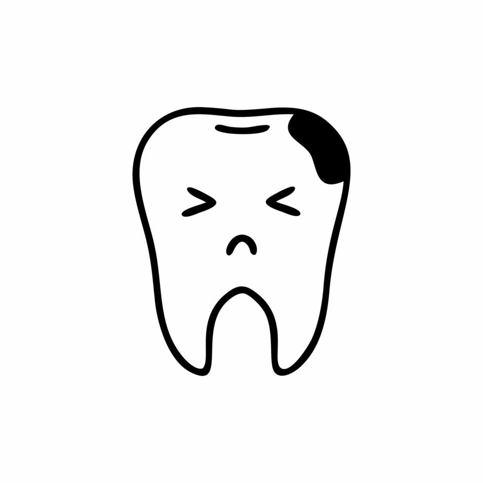 A sad tooth with a cavity. Toothache and caries treatment. Vector illustration in doodle style. Linear icon of a diseased tooth.