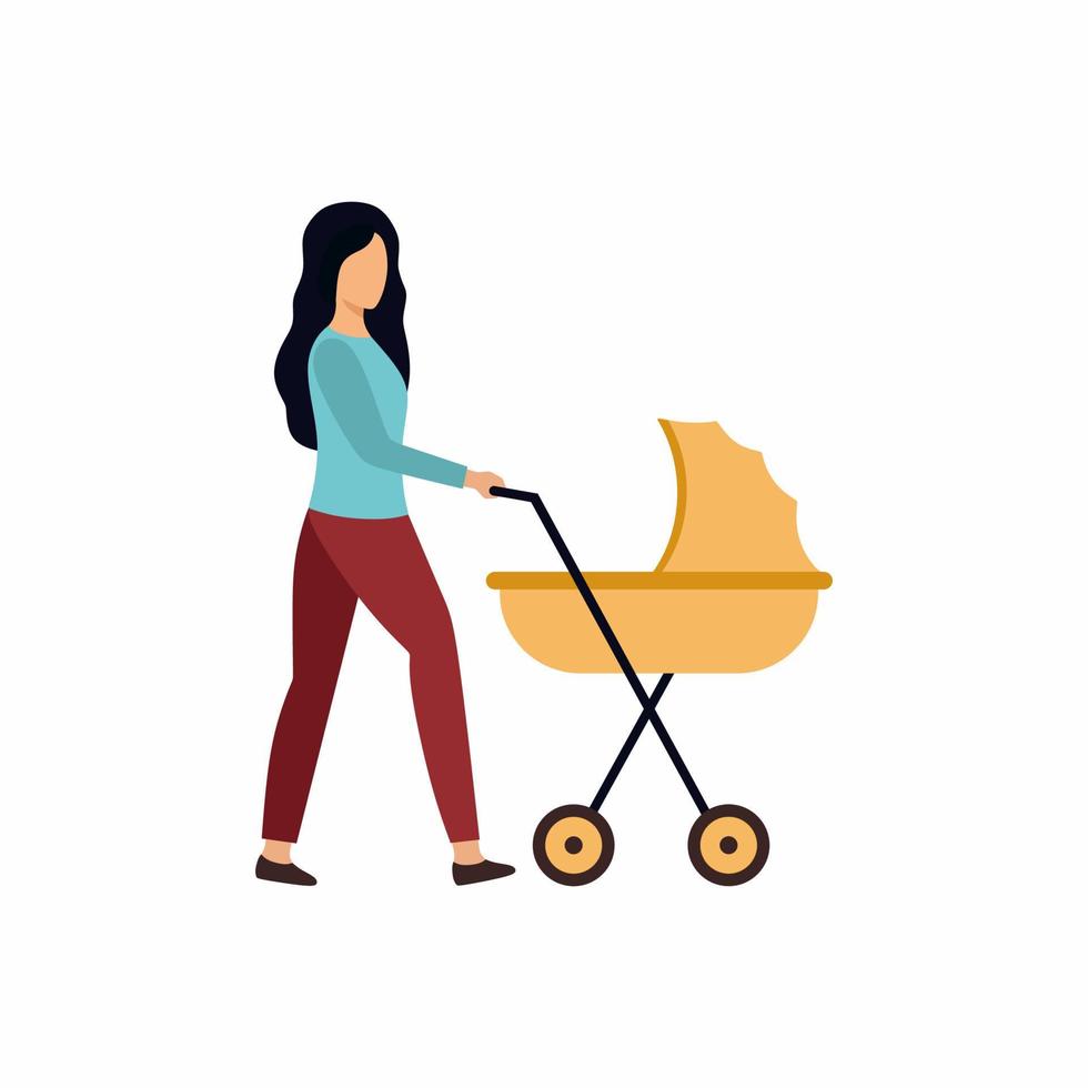 A young woman walks with a stroller. The mother and the child. Pregnancy, childbirth, motherhood. Vector character in flat style.