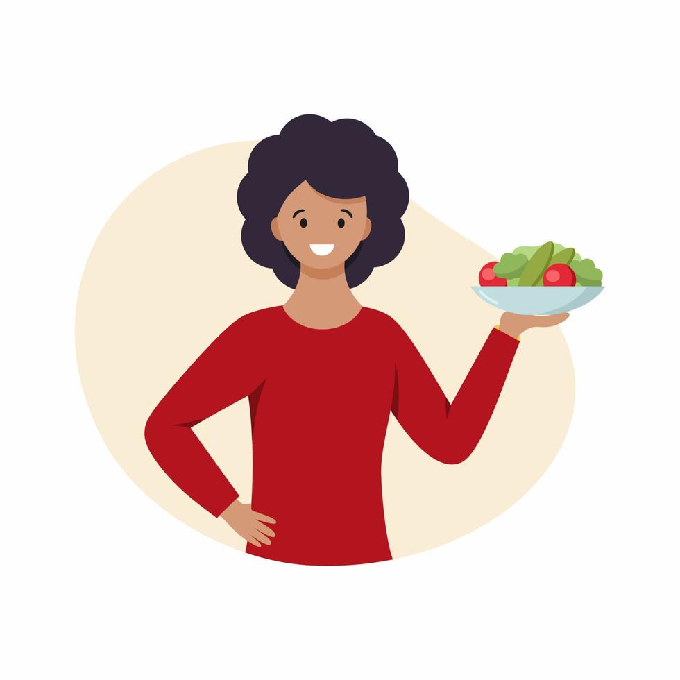 A woman holds a plate of vegetables in her hands. Food for vegans. The girl follows a diet. vector