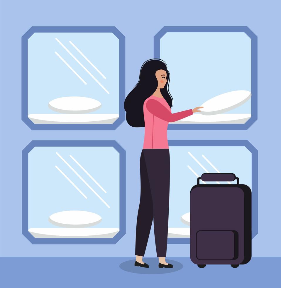 A girl with a suitcase is staying at a capsule hotel. Vector illustration on the theme of travel. A comfortable stay on the road.
