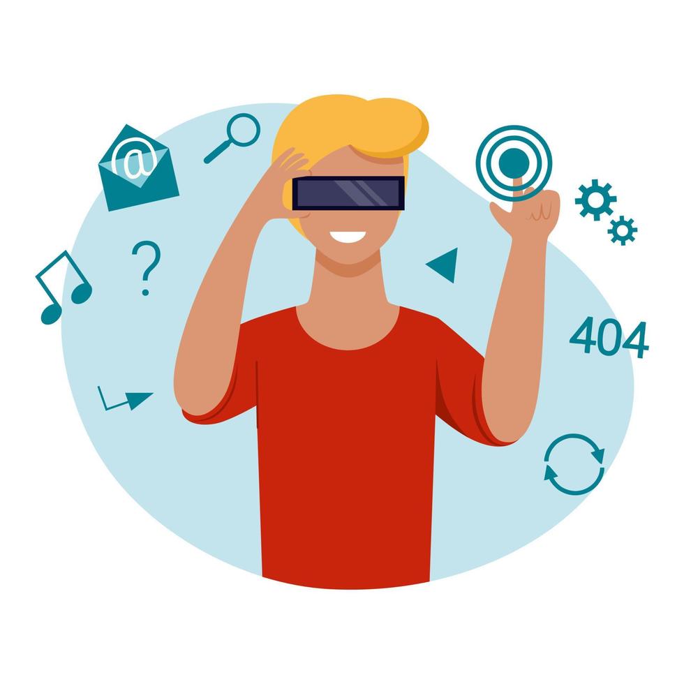 A man wearing virtual reality glasses. Vector illustration in a flat style. Modern technologies and cyberspace.