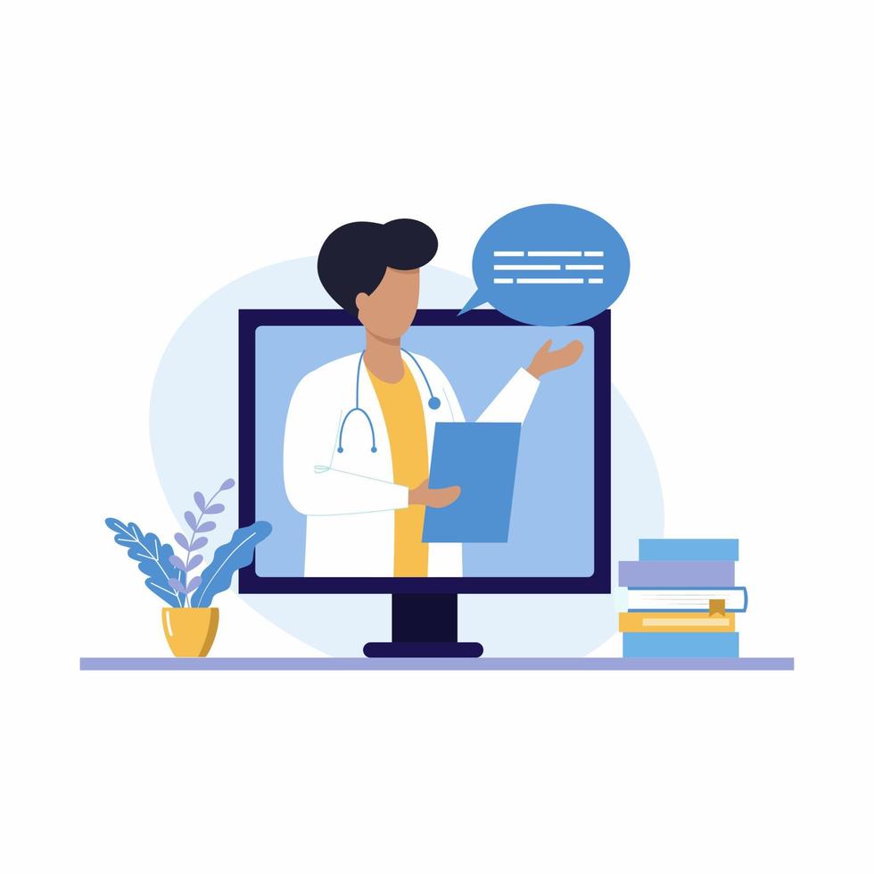 A male doctor provides medical care via the Internet. Remote consultation with a doctor. Vector illustration in a flat style.