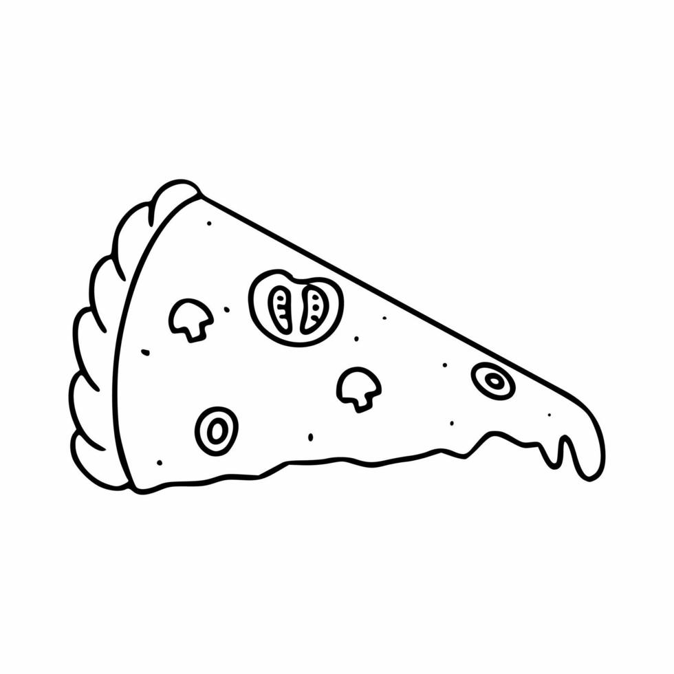 A slice of pizza with tomatoes, mushrooms and cheese. Pizza in the style of doodle. Contour illustration in the style of hand drawing vector