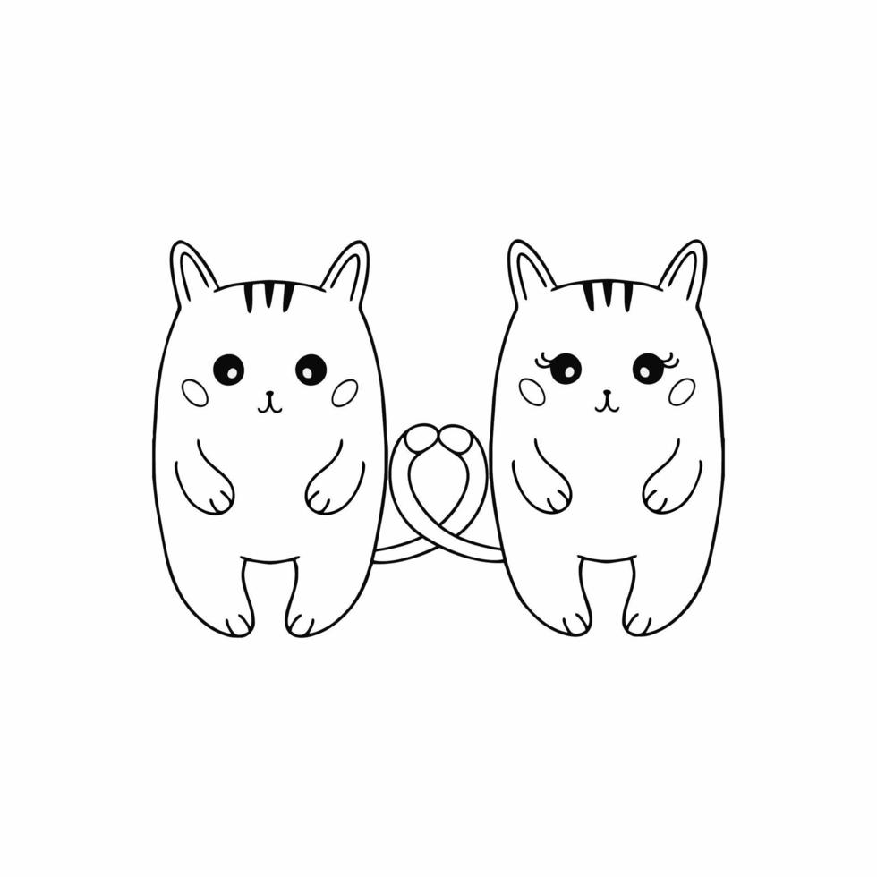 Two cute kitten in the style of Doodle. Vector illustration for Valentine's Day. Cats in love on a white background.