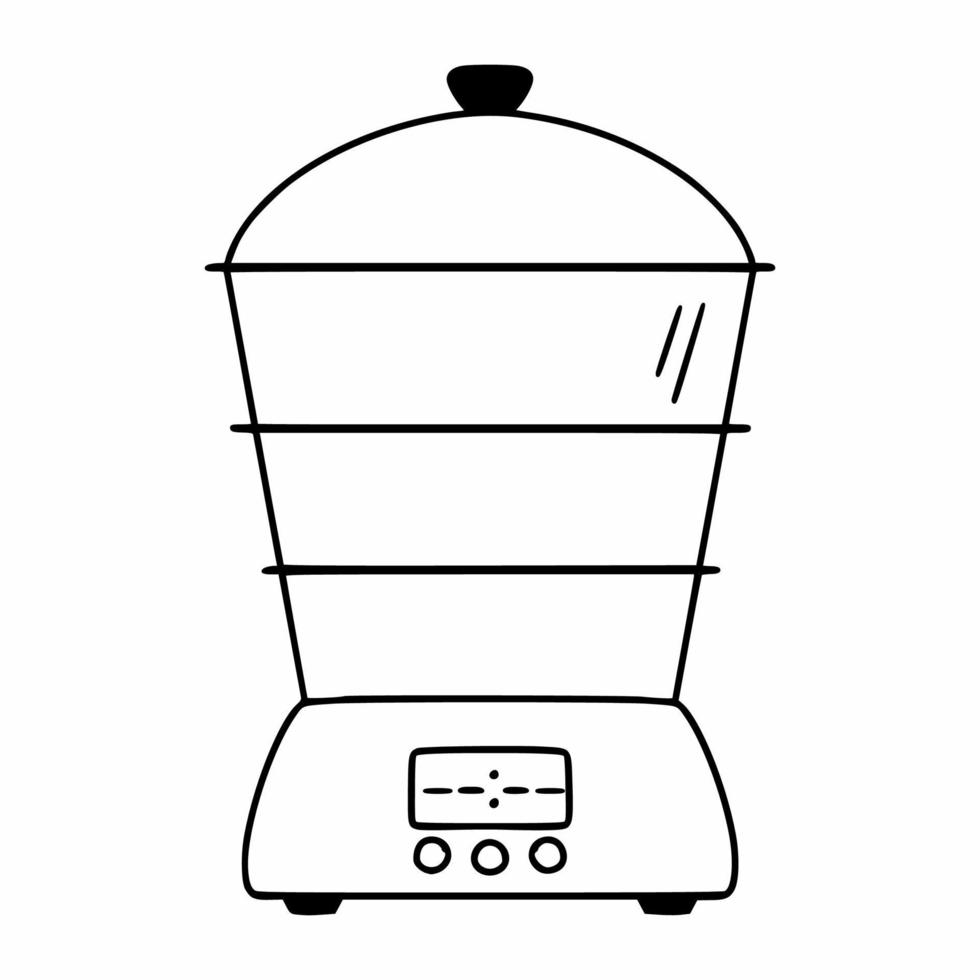 Vaporera eléctrica para cocinar alimentos. una vaporera en blanco y negro estilo garabato. Aparato electrico de cocina. vector