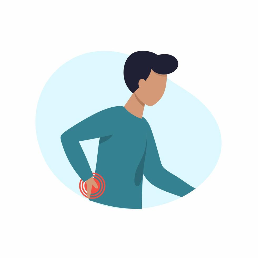 A man with a bad back. The patient complains of lower back pain. Medicine and health. Vector character in a flat style.