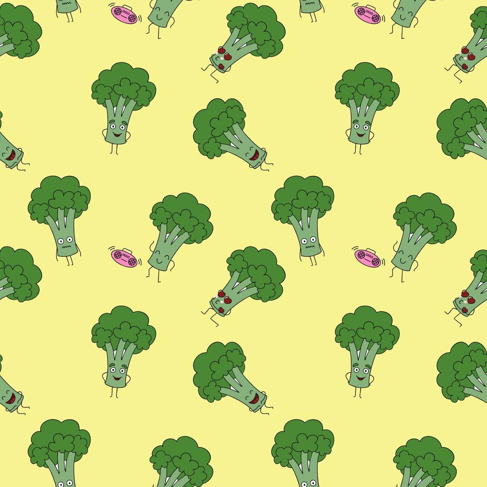 Pattern with cute broccoli. Broccoli cabbage with funny emotions. Vector seamless background for sewing clothes, printing on fabric.