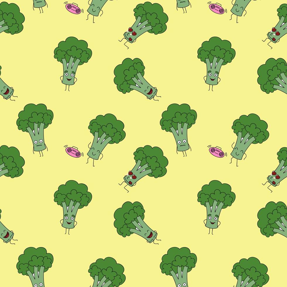 Pattern with cute broccoli. Broccoli cabbage with funny emotions. Vector seamless background for sewing clothes, printing on fabric.