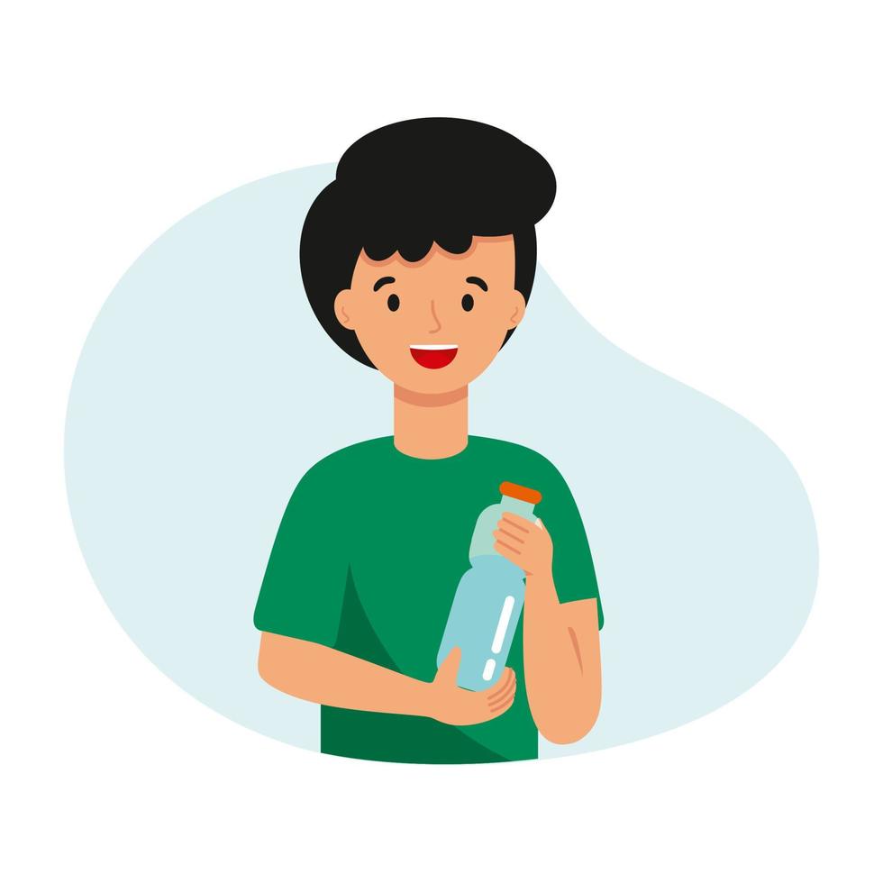 The boy is holding a bottle of fresh water. vector