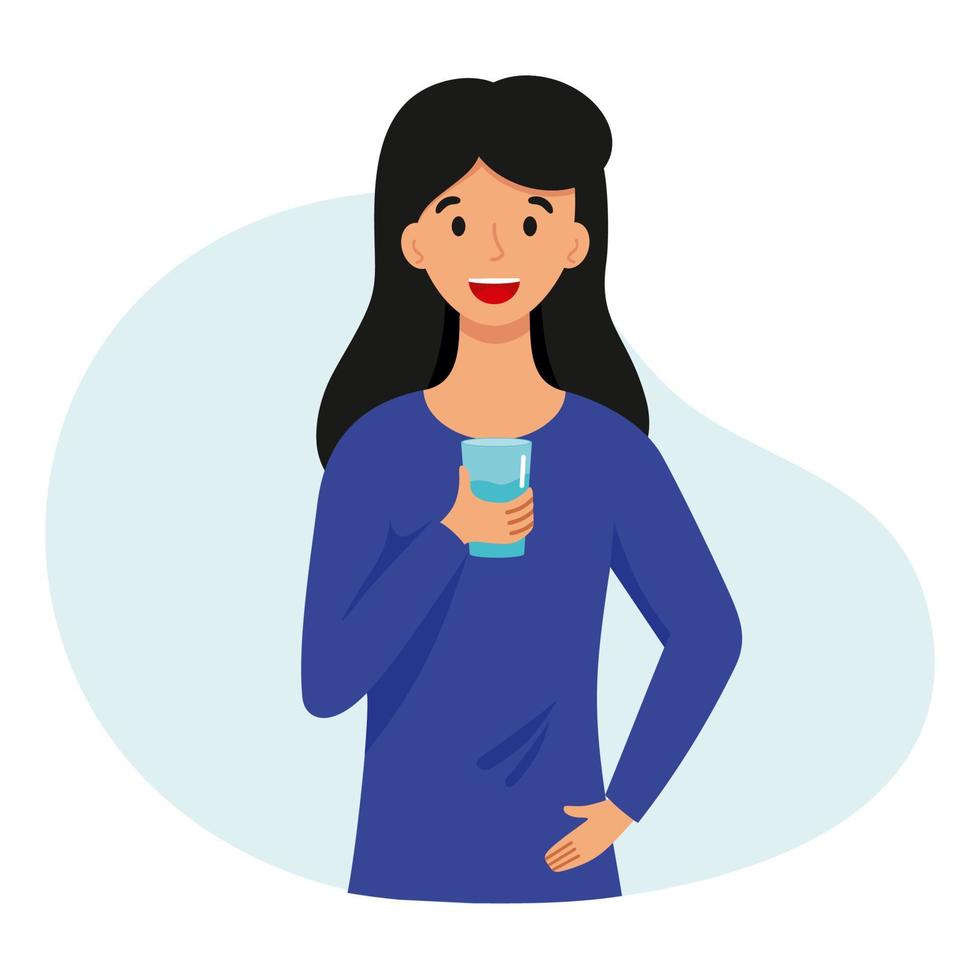 The girl is holding a glass of water. A woman drinks water. vector
