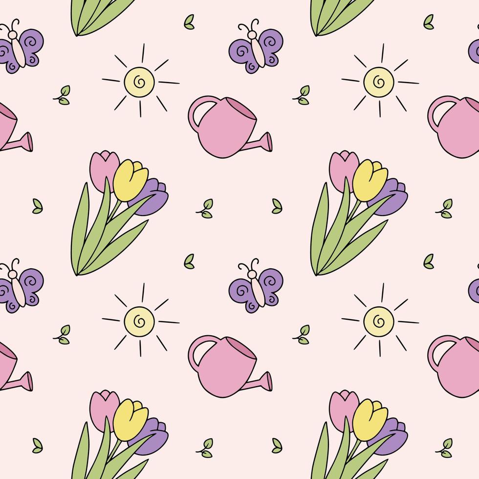 Seamless pattern with tulips and watering can. Spring background for sewing children's clothing, printing on fabric for girls and packaging paper. vector