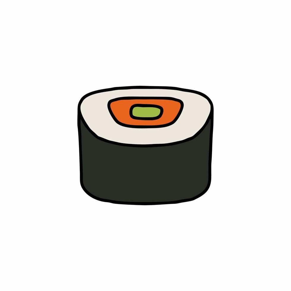 sushi y rollos sobre un fondo blanco. icono de vector en estilo doodle. comida nacional japonesa.