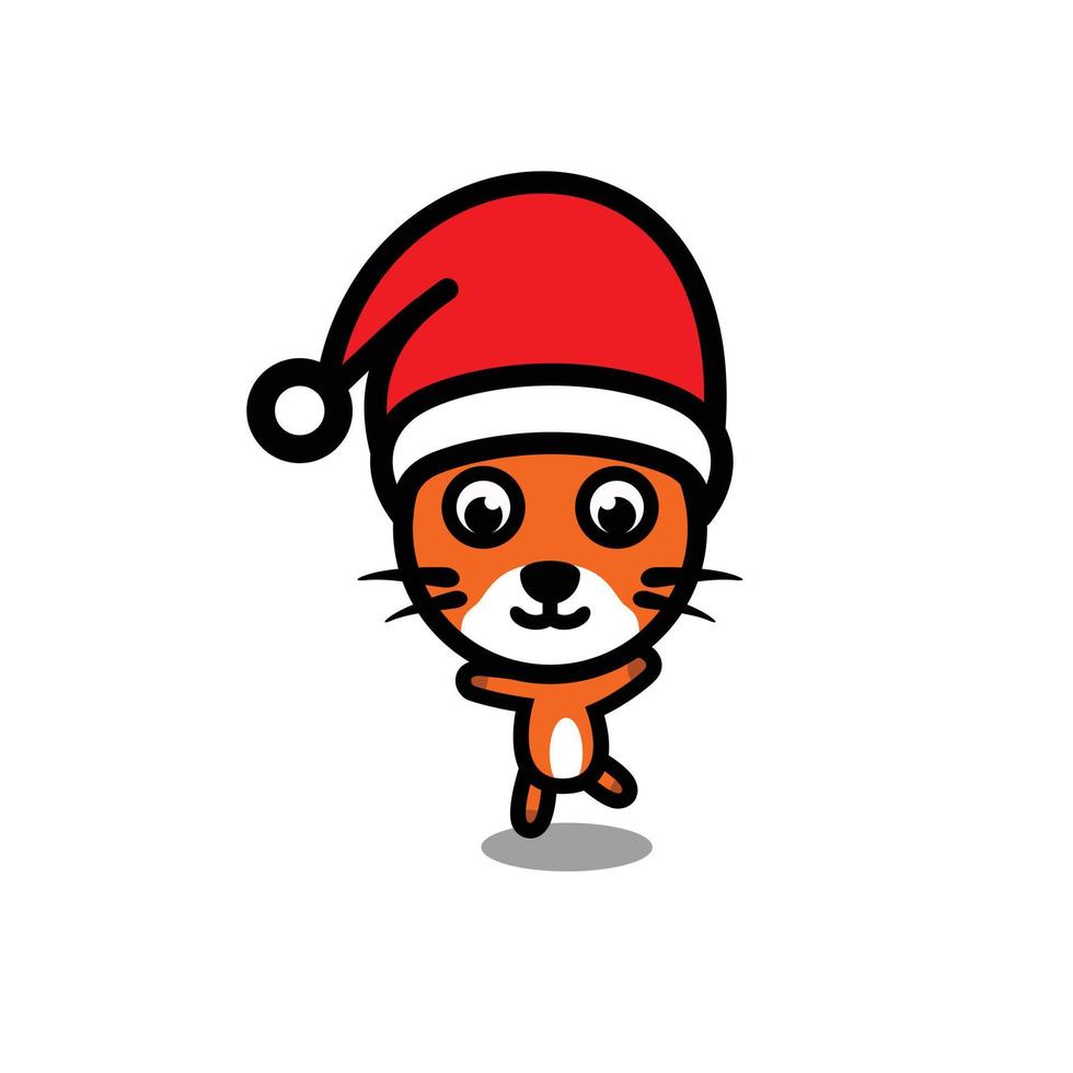 Dancing cat with Christmas hat in white background , vector logo design template