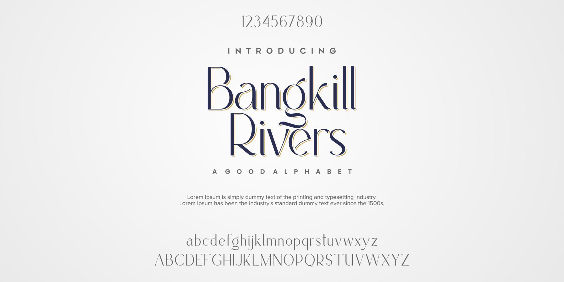 bangkill rivers alfabeto de fuente de moda abstracta. tipografía tipografía mayúscula minúscula y número. ilustración vectorial vector