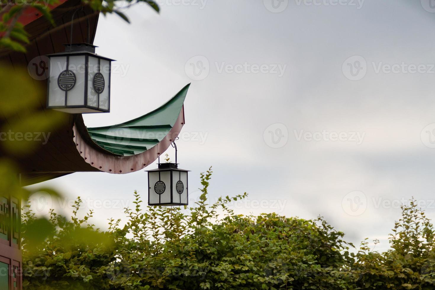 House Roof With Lanterns on Cloudy Sky photo