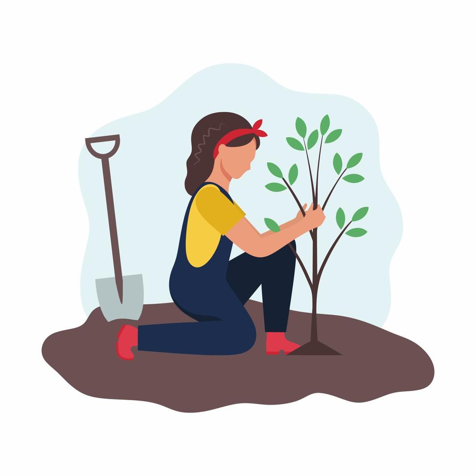 A woman plants a tree in the garden. Garden and vegetable garden. Planting spring seedlings. Vector illustration in flat style.