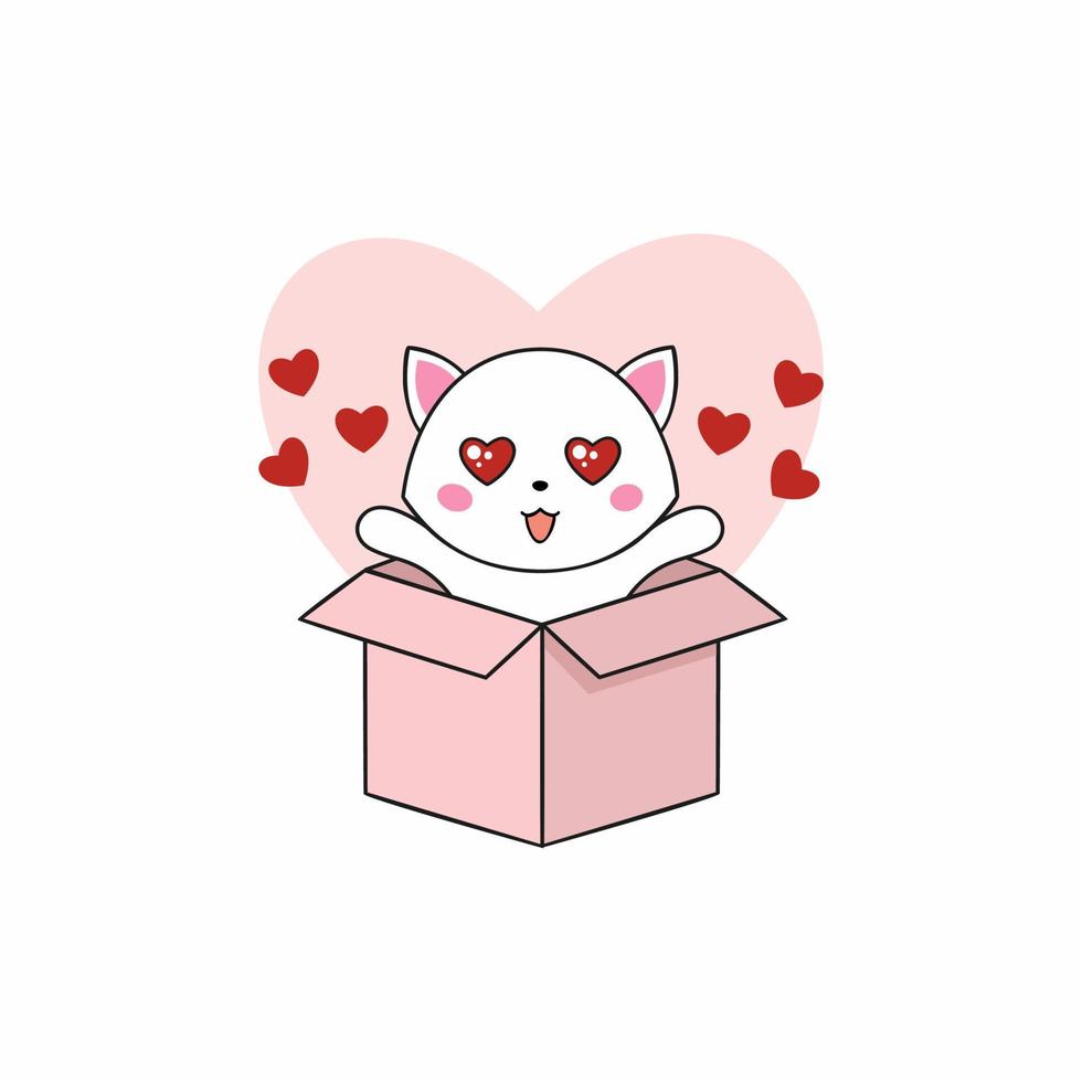 Cute kitten in a box. A kitten with a heart. Vector illustration for the holiday of all lovers. Valentine's Day greeting card. Greeting poster for the holiday.