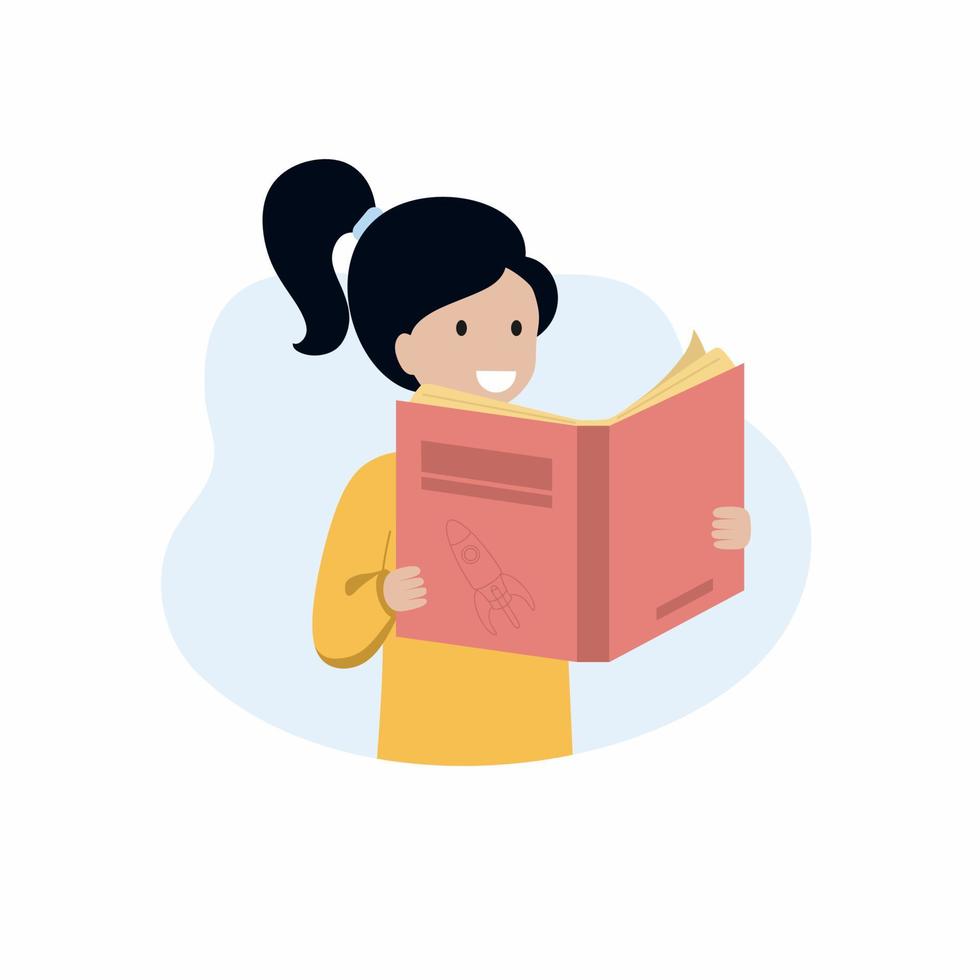 A girl is reading a book. International Book Day on April 2. Vector character in a flat style.