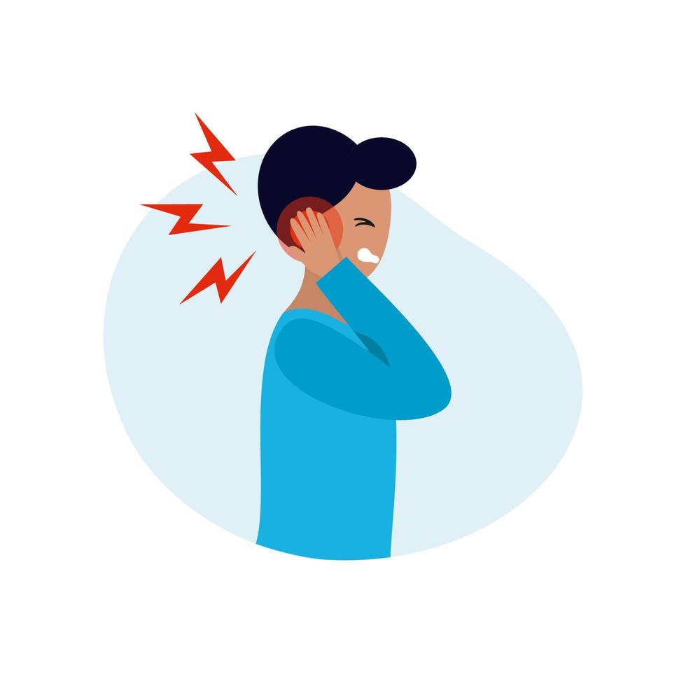The man has an earache. Otitis media in the ear. Symptoms of hearing aid diseases. Vector character in a flat style.
