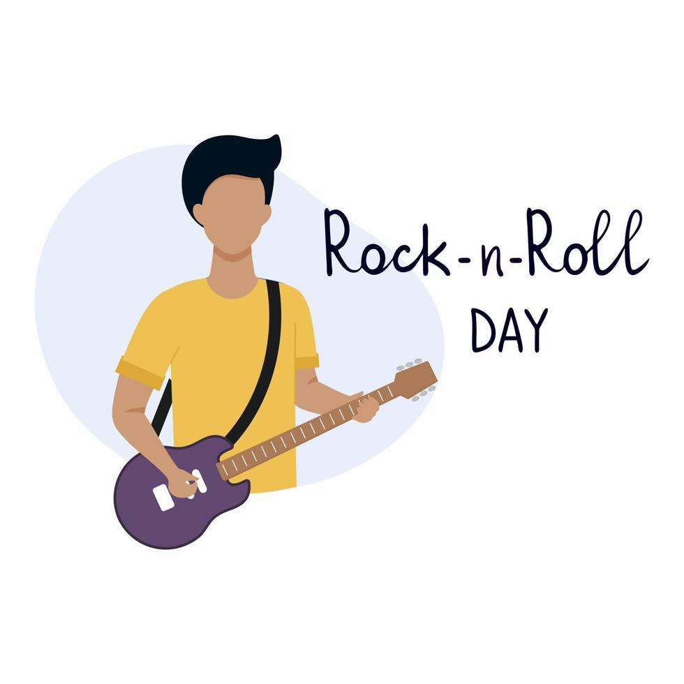 The world of rock and roll of the day. A man with an electric guitar. Lettering-hand lettering style. Vector illustration of the guitarist for the holiday of April 13.