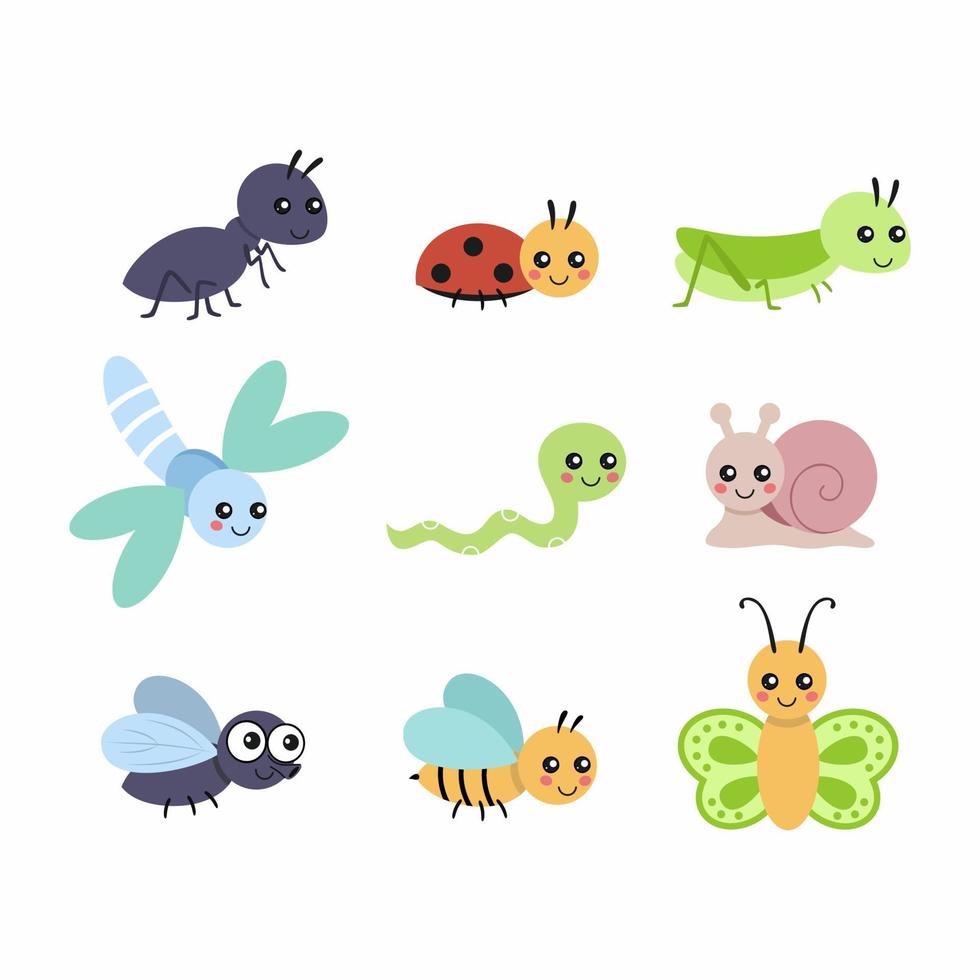 un juego con lindos insectos para un libro infantil. personajes pequeños con ojos grandes. ilustración vectorial en el estilo de dibujos animados. vector