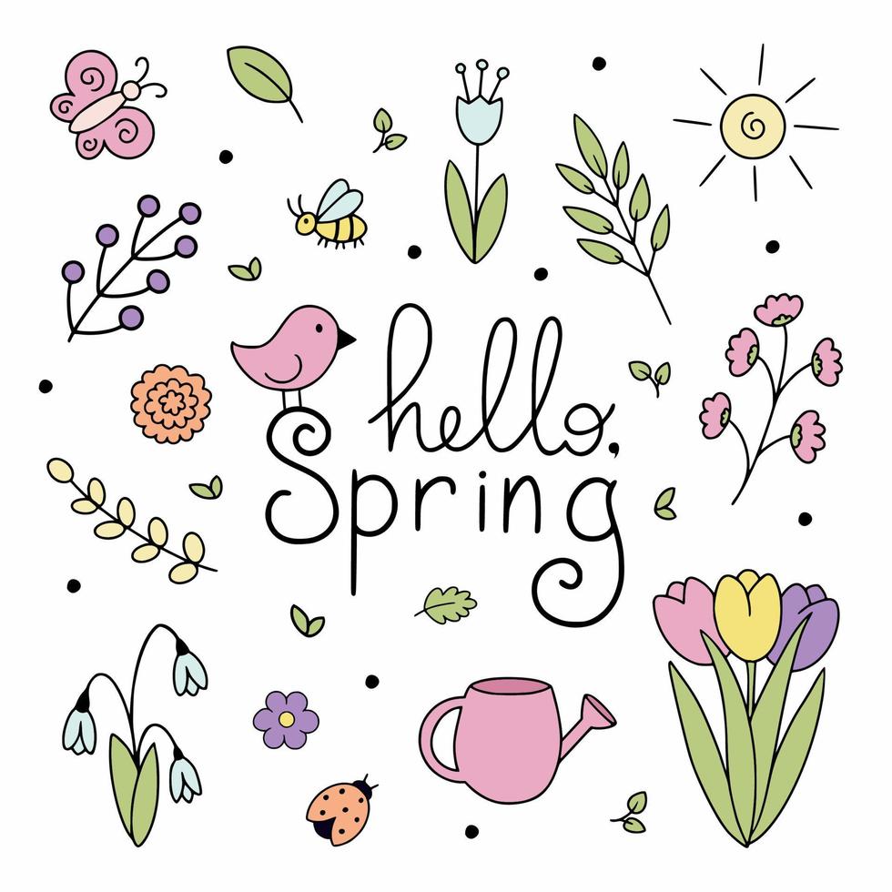 Handwritten inscription hello spring. Lettering by March 1. A set of spring elements for the design of a postcard or poster. vector
