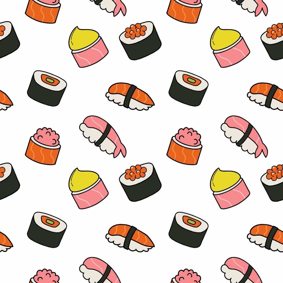 Set of sushi and rolls. Seamless pattern with Japanese sushi. Japanese national food. Wallpaper for printing packaging paper vector