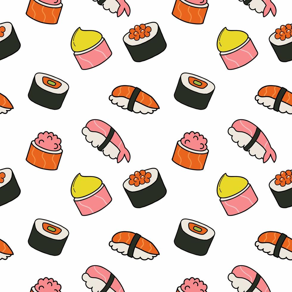 juego de sushi y rollos. patrón sin fisuras con sushi japonés. comida nacional japonesa. papel tapiz para imprimir papel de embalaje vector