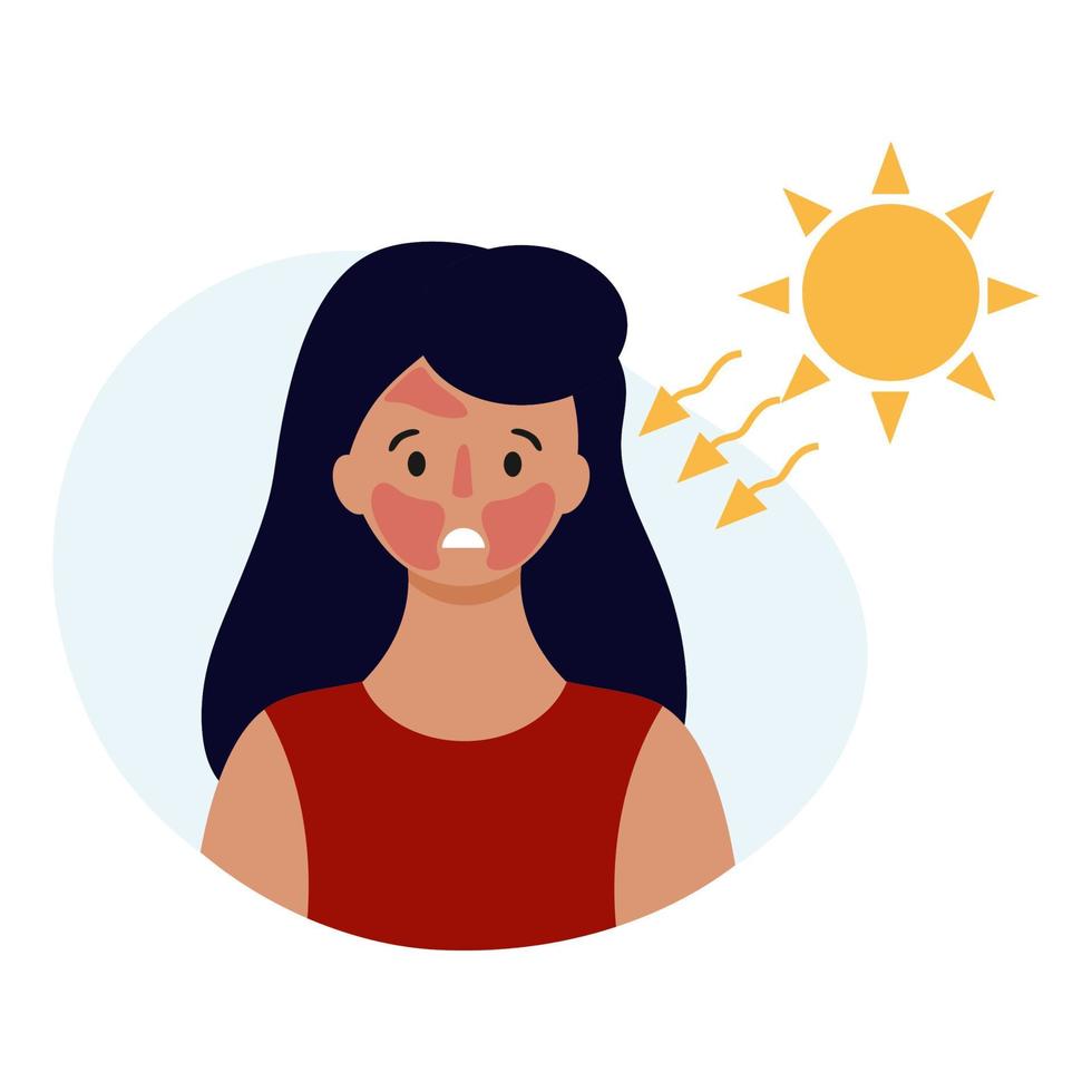 A sad girl with a sunburn on her face. Beauty and health of the skin. Vector illustration in a flat style.