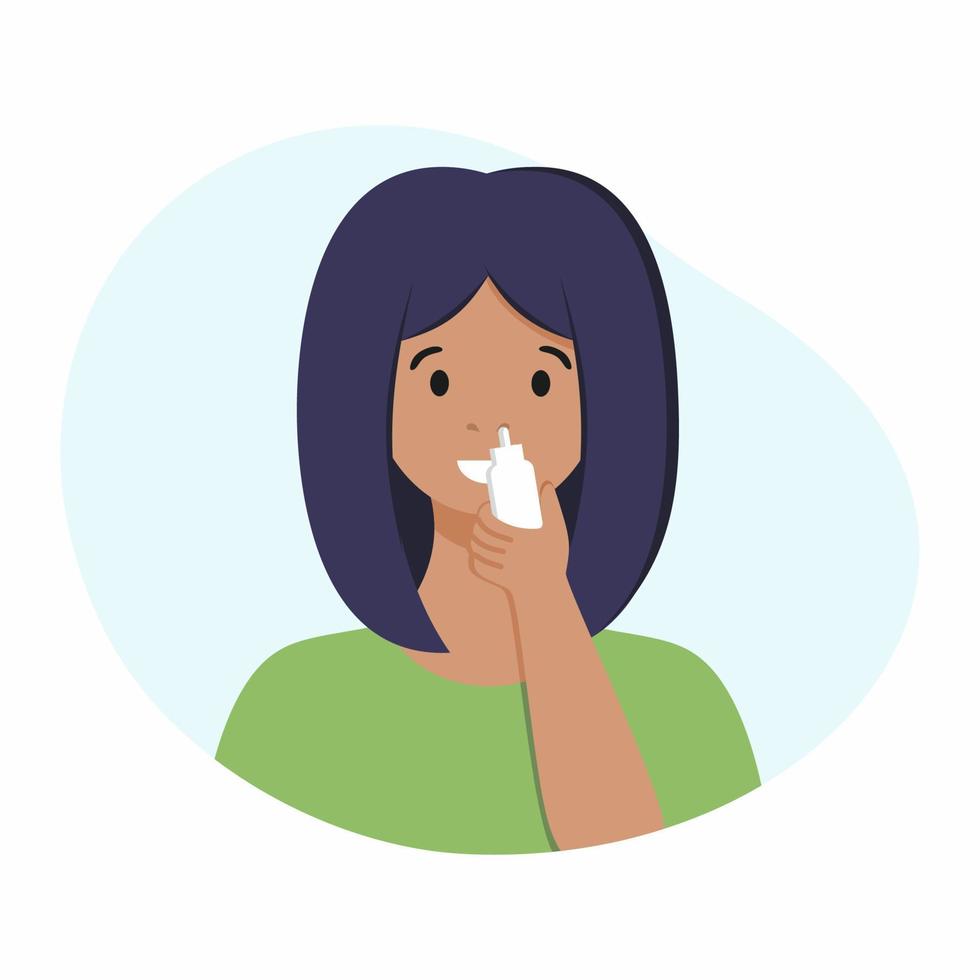 A woman sprays a spray for a runny nose. Treatment of diseases of the nose. Vector illustration on the topic of viral infections.