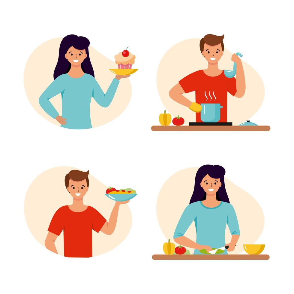 un hombre y una mujer preparan la comida en la cocina. carácter vectorial en un estilo plano. vector