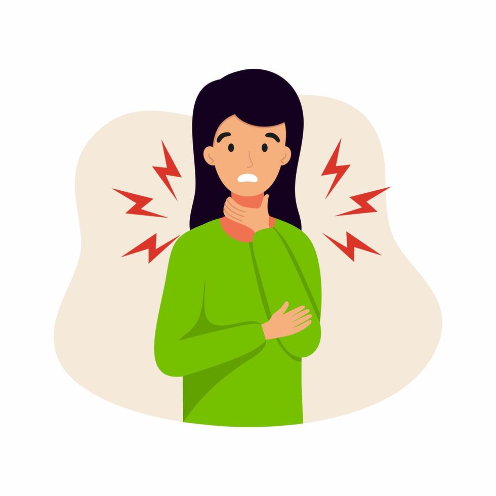 A girl with a sore throat. The woman has tonsillitis. Symptoms of a viral infection. vector