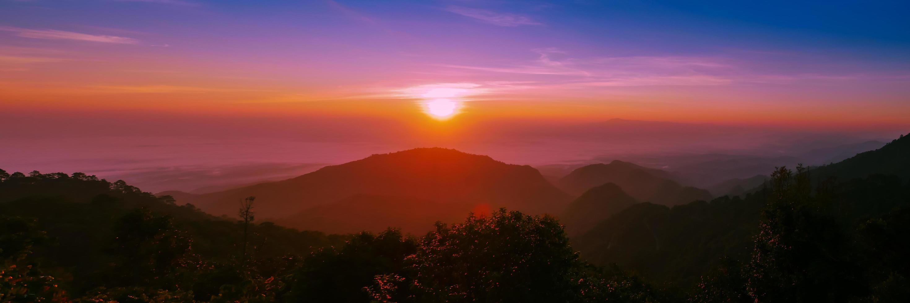 Panorama, sunrise over mountains and fog, Doi Ang Khang, Chiang Mai, Thailand photo