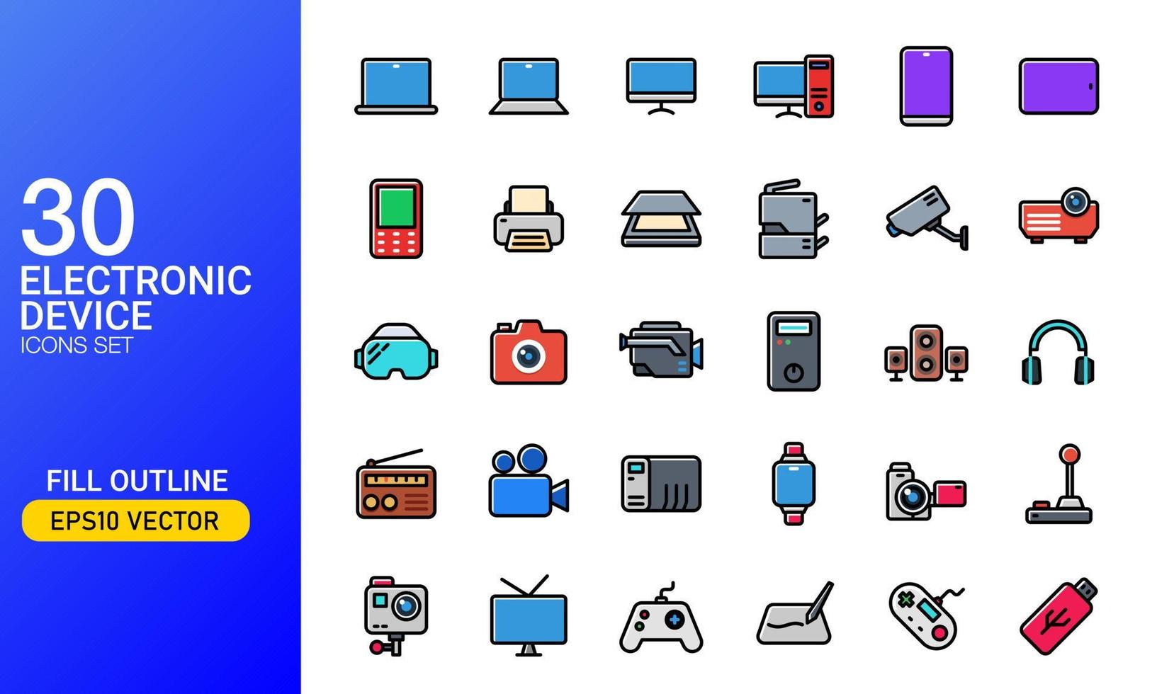 conjunto de iconos de dispositivos electrónicos. colección de gadgets, computadoras e íconos de herramientas electrónicas en estilo de contorno lleno. vector