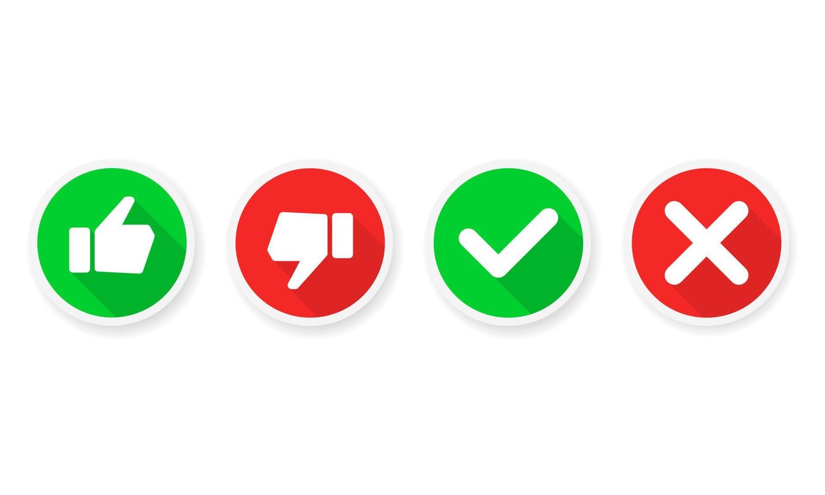 Flat vector illustration of like and dislike icon. Approved and declined symbol in circle with long shadow. Suitable for social media polling and vote button element