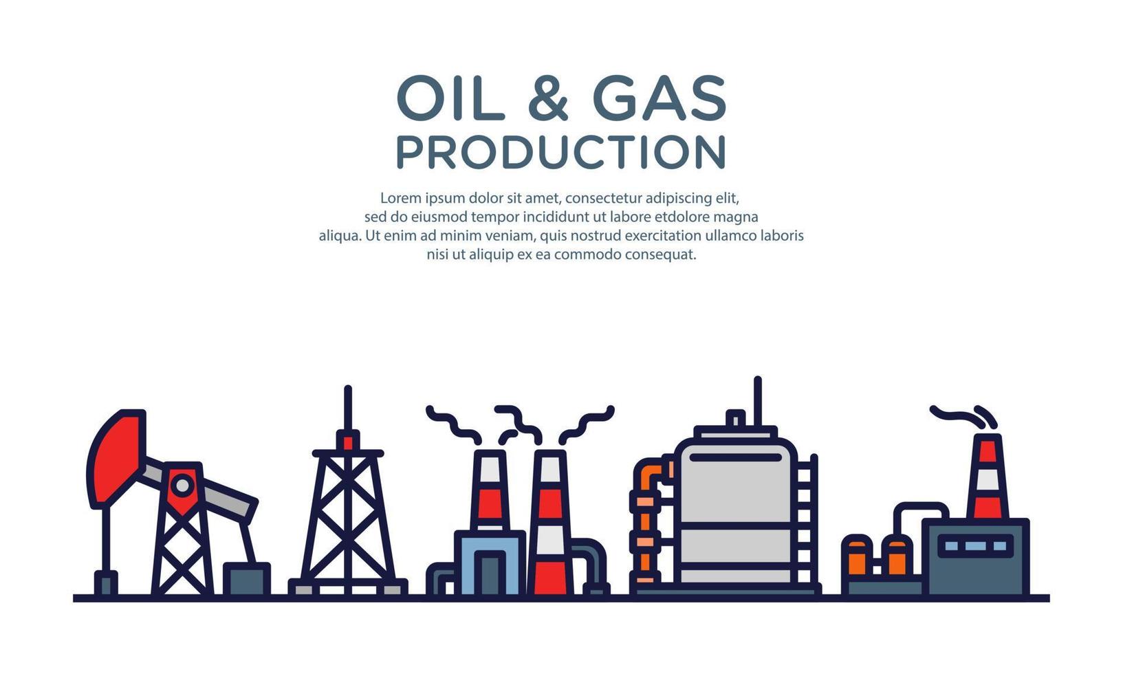 Flat vector illustration of oil and gas manufacturing plant. Suitable for design element of power and energy factory, oil and gas refinery process, and petrochemical industry.